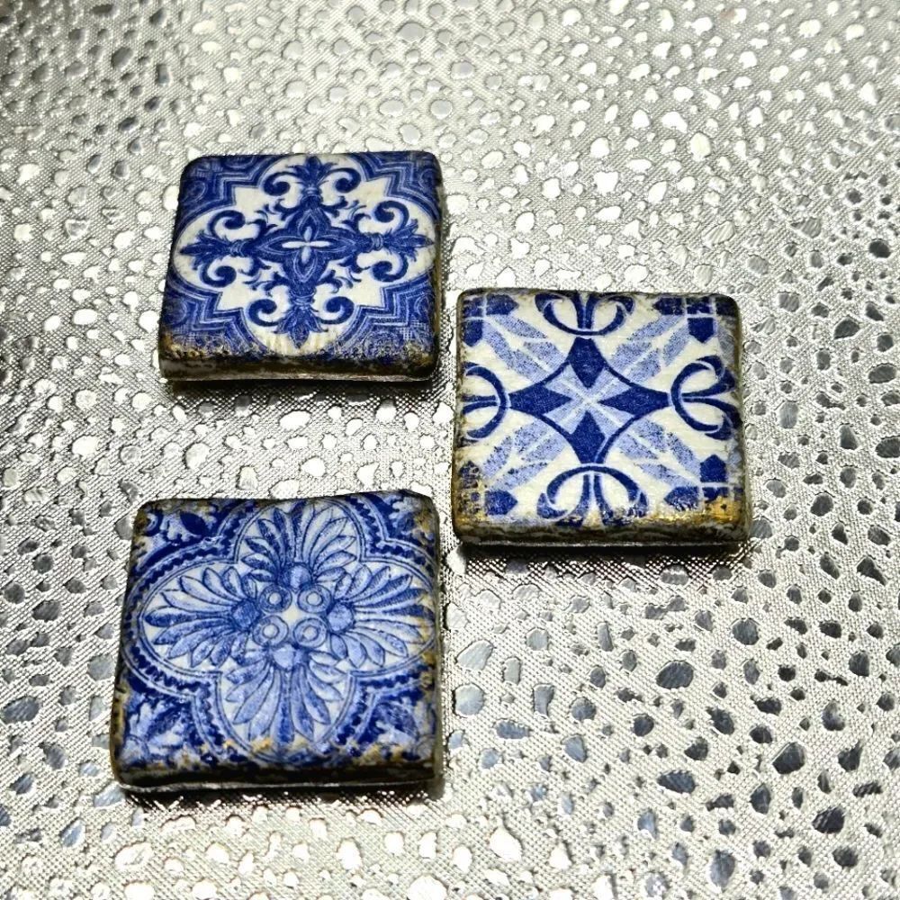 "5/$40" Set Of 3 Handmade Clay Chinoiseri Art Blue & White Square Fridge Magnets